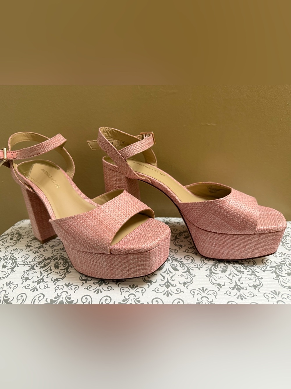 ANTONIO MELANI Blush Pink Woven Platform Sandals with Ankle Strap